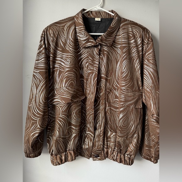 VTG Bomber Jacket Zip Up Brown Silver Swirl Pattern Hippie Boho Jacket Size M OS - Picture 2 of 11